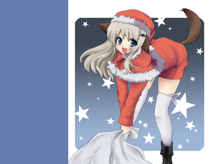 animal_ears blue_eyes capelet christmas dog_ears dog_tail fang hat little_busters! long_hair masayu noumi_kudryavka red_capelet sack santa_costume santa_hat silver_hair solo star tail thighhighs zettai_ryouiki