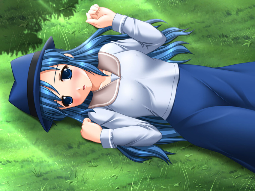 :o blue_eyes blue_hair blue_skirt blush breasts collarbone fedora field from_above game_cg grass hands_up hat kafu long_hair long_skirt long_sleeves lorna mabinogi open_mouth plant shirt skirt small_breasts solo white_shirt