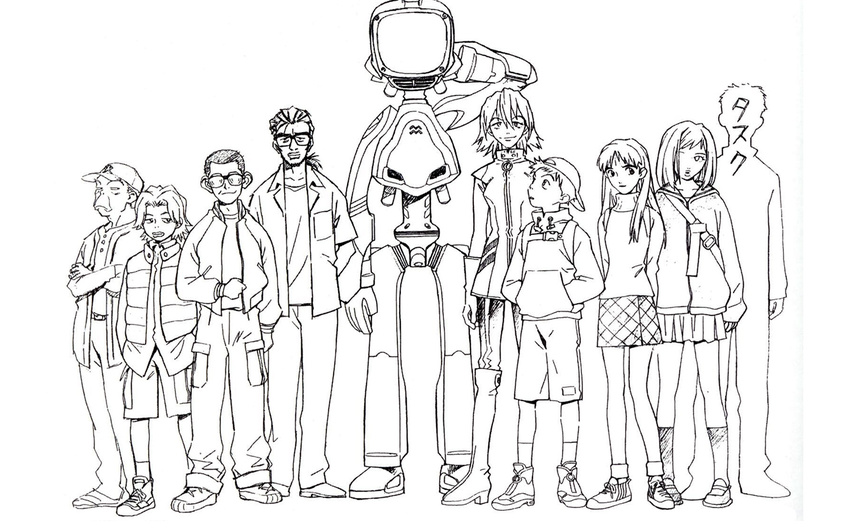 6+boys artist_request baseball_cap boots canti crossed_arms everyone flcl glasses greyscale haruhara_haruko hat hood hoodie lineart lineup long_hair manabe_gaku masamune_masashi monochrome multiple_boys multiple_girls nandaba_kamon nandaba_naota nandaba_shigekuni nandaba_tasuku ninamori_eri ponytail robot samejima_mamimi shoes short_hair shorts skirt sneakers socks sweater turtleneck vest wallpaper