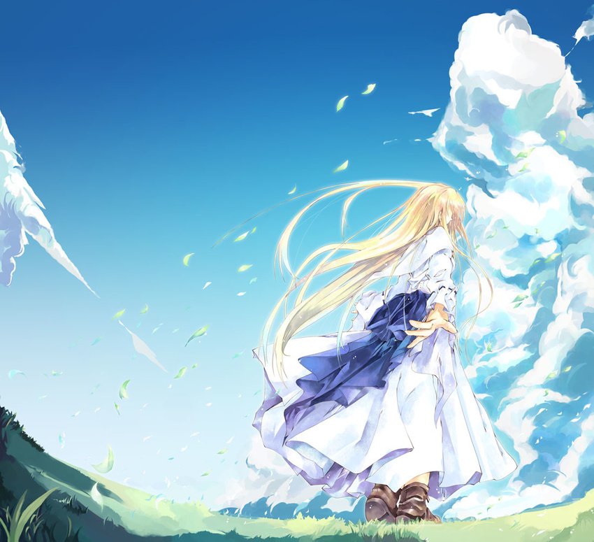 blonde_hair bow cloud day field from_below from_ground long_hair original scenery solo sumi_keiichi wind