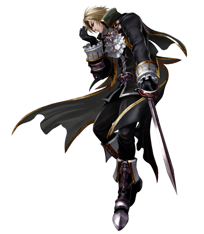 blonde_hair boots cape formal gloves highres kawano_takuji left-handed male_focus official_art raphael_sorel rapier solo soulcalibur soulcalibur_iv sword weapon