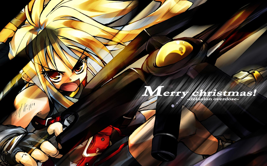 angry bardiche belt blonde_hair dutch_angle fate_testarossa fighting_stance fingerless_gloves gloves highres long_hair lyrical_nanoha magical_girl mahou_shoujo_lyrical_nanoha matsuno_canel merry_christmas motion_blur open_mouth red_eyes solo strap thighhighs wallpaper weapon