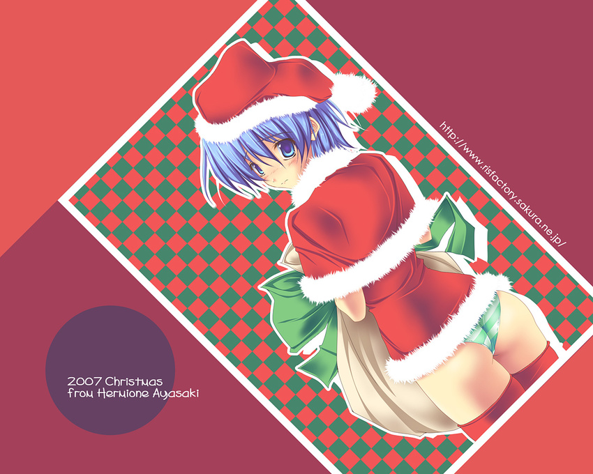 ass ayasaki_hayate blue_eyes blue_hair blush capelet christmas genderswap genderswap_(mtf) hayate_no_gotoku! original panties red_capelet ruschuto santa_costume solo striped striped_panties thighhighs underwear