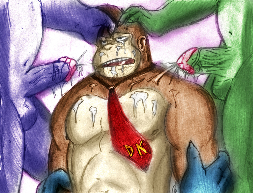 ape balls bukkake chubby cum cum_on_chest cum_on_face cumshot donkey_kong donkey_kong_(series) donkey_kong_country gay group group_sex kremling kritter male mammal musclegut necktie nintendo orgasm overweight penis primate sex threesome video_games warmagoon