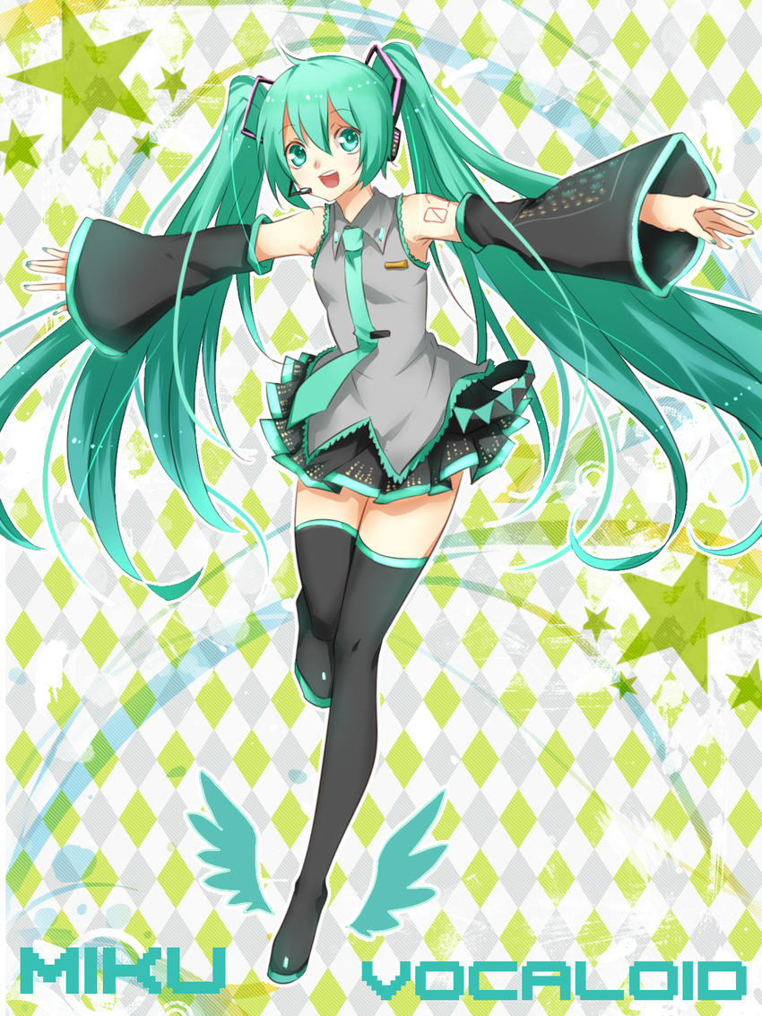 appleruby argyle argyle_background bad_id bad_pixiv_id character_name detached_sleeves green_eyes green_hair hatsune_miku highres long_hair necktie outstretched_arms skirt solo spread_arms star thighhighs twintails very_long_hair vocaloid