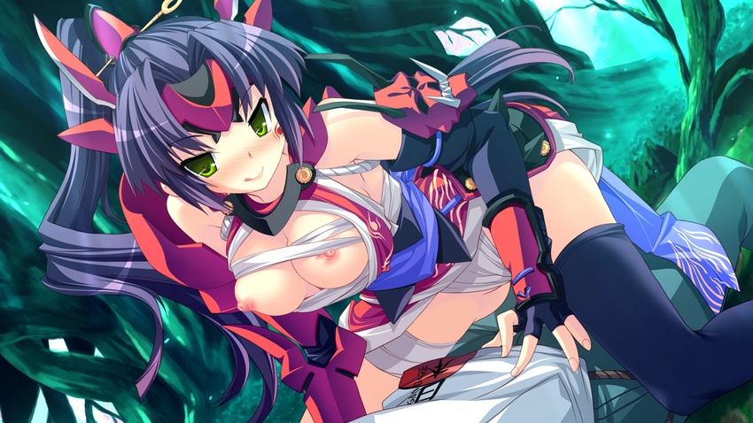 blush breasts game_cg kouyoku_no_soleil_-vii&rsquo;s_world- long_hair nipples ponytail skyfish thighhighs tsurugi_hagane