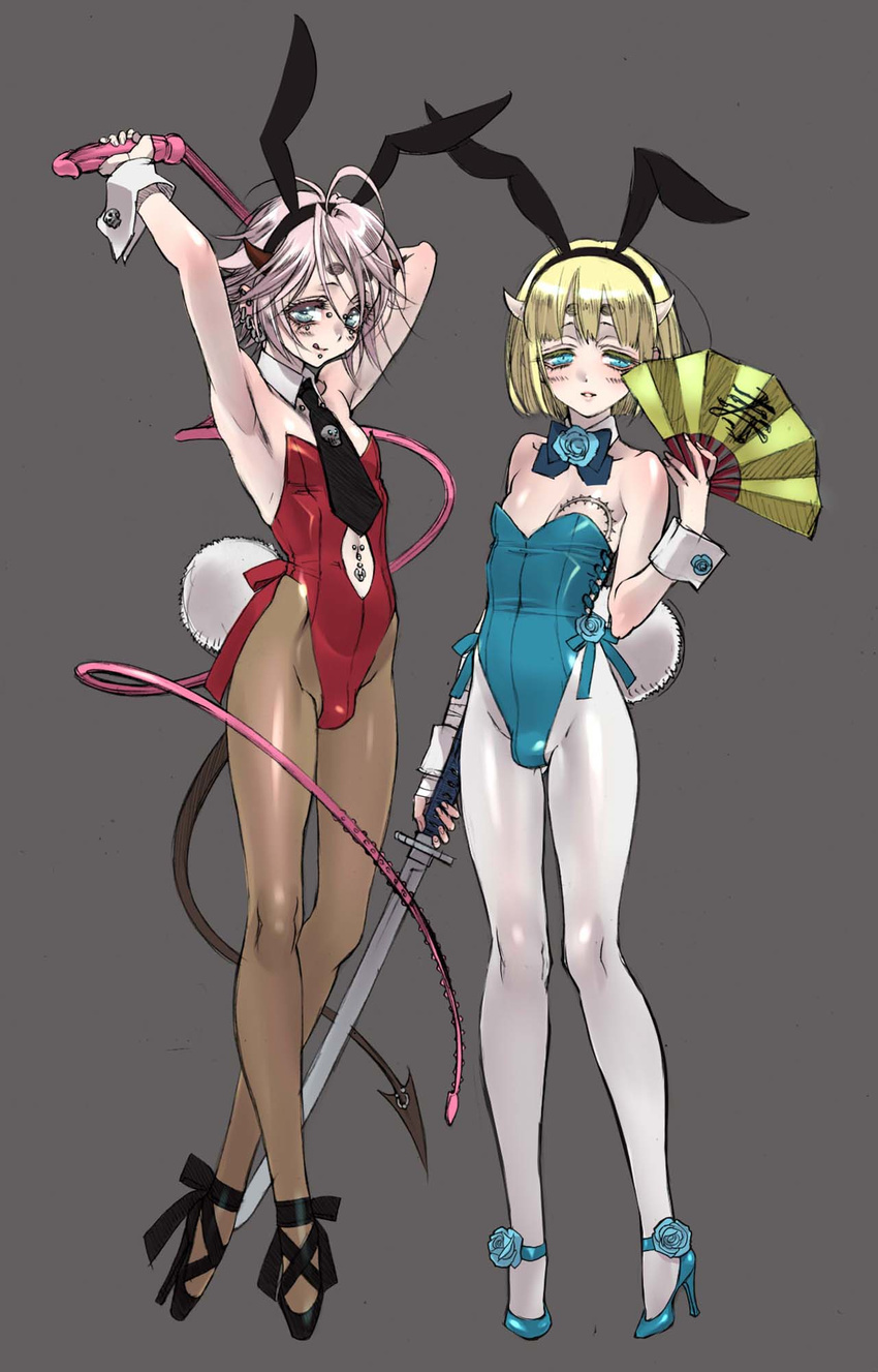 animal_ears anti-eyebrow_piercing bare_shoulders blonde_hair blue_eyes blush bow bridge_piercing bulge bunny_boy bunny_ears bunny_tail bunnysuit demon_boy demon_tail detached_collar detached_sleeves dildo dildo_whip earrings fan flower folding_fan full_body high_heels highres horns ibaraki_douji_(kiyo) jewelry katana kujou_kiyo labret_piercing male_focus multiple_boys navel_piercing necktie original otoko_no_ko pantyhose piercing pink_hair rose shoes skull smile sword tail tail_piercing tattoo tongue tongue_out weapon whip wrist_cuffs yoru_akamaru