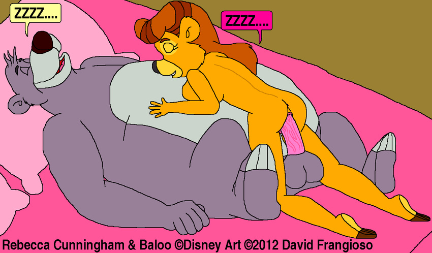 after_sex afterglow anthro balls baloo bear bed breasts brown_fur brown_hair butt chubby cowgirl_position david_frangioso disney duo female female_on_top fur hair lying male mammal nude on_back on_top penetration penis pussy rebecca_cunningham sex side_boob sleeping somnophilia straddling straight talespin text vaginal vaginal_penetration vein
