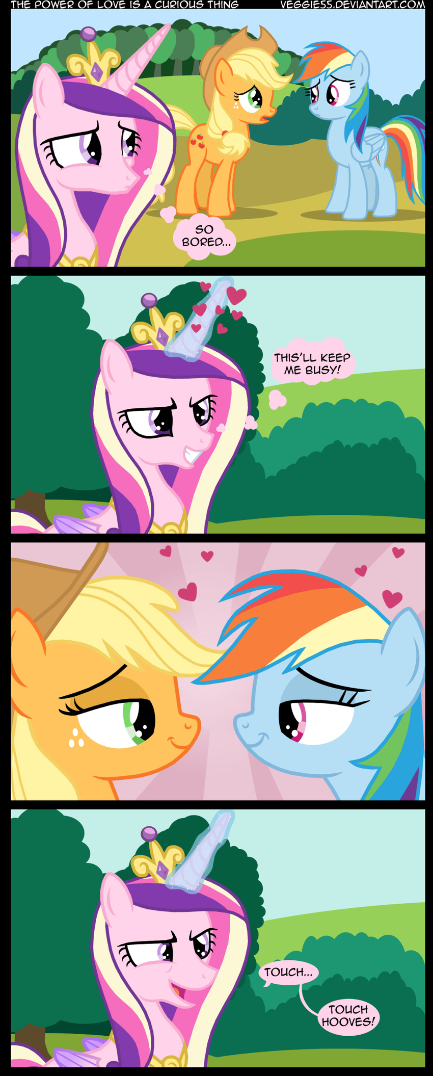 &hearts; amethyst applejack_(mlp) blonde_hair comic crown dialog dialogue english_text equine female feral friendship_is_magic green_eyes hair horn horse lesbian magic mammal multi-colored_hair my_little_pony necklace outside pegasus pony princess_cadance_(mlp) princess_cadence_(mlp) rainbow_dash_(mlp) rainbow_hair text tree veggie55 winged_unicorn wings wood