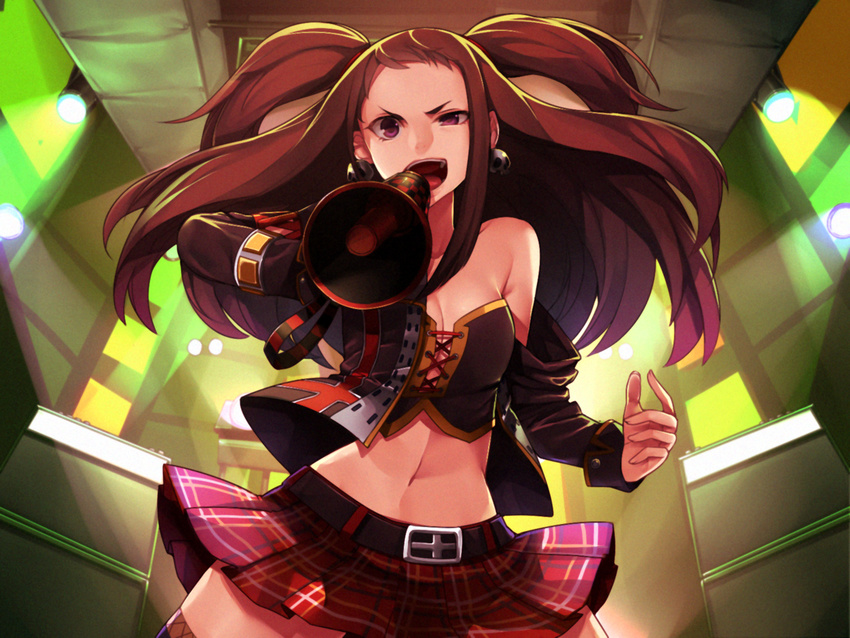 belt breasts brown_hair cleavage earrings highres hitoto idolmaster idolmaster_cinderella_girls jacket jewelry koseki_reina long_hair megaphone midriff miniskirt navel off_shoulder purple_eyes shouting skirt skirt_lift skull small_breasts solo squinting twintails two_side_up uneven_eyes wind wind_lift