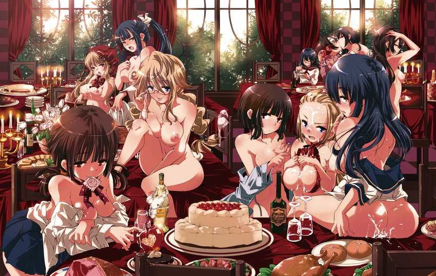 :p alcohol apple ass black_hair blonde_hair blue_eyes blush bottle bread breasts brown_hair cake candle chair condom cup drinking_glass food fruit glasses green_eyes heart heart-shaped_pupils highres hood kiss large_breasts little_red_riding_hood long_hair looking_at_viewer mouth_hold multiple_girls nipples nude original panties plate ponytail purple_eyes red_eyes school_uniform serafuku short_hair sitting skirt smile strawberry suggestive_fluid symbol-shaped_pupils table tongue tongue_out underwear wine wine_glass yamazaki_kazu yuri