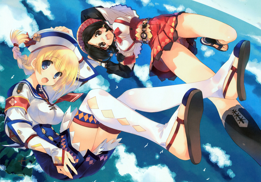 :d absurdres amazuyu_tatsuki armband arms_up black_hair blonde_hair blue_eyes blue_sky braid brown_eyes cloud dixie_cup_hat falling from_above guild_sweetheart hat highres looking_at_viewer military_hat mitsumi_misato monster_hunter monster_hunter_3 monster_hunter_3_g multiple_girls ocean open_mouth panties pantyshot quest_receptionist_(monster_hunter_3_ultimate) red_panties sandals sky smile thighhighs underwear upskirt white_legwear