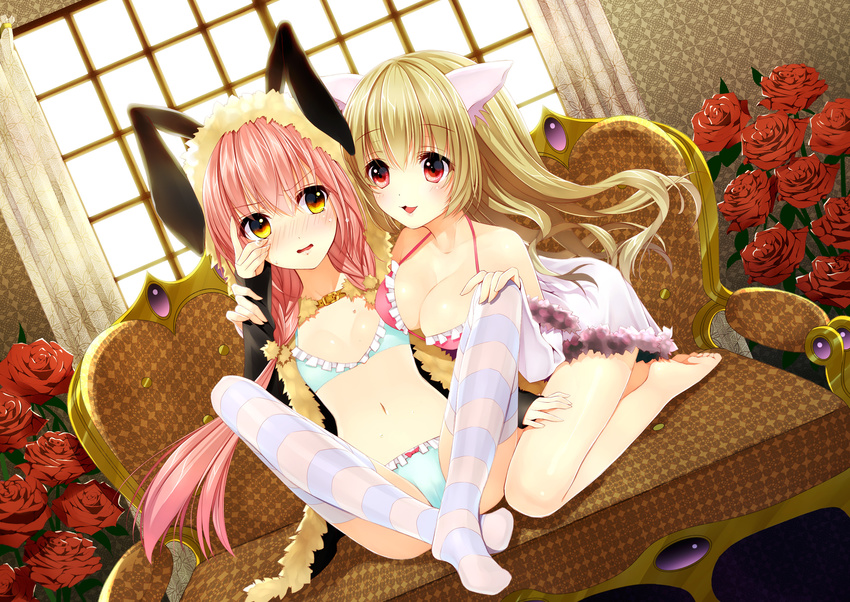 :3 animal_ears blonde_hair blue_bra blue_panties blush bow bow_panties bra breasts bunny_ears cleavage dutch_angle flower halterneck highres hood hoodie lingerie low_twintails multiple_girls navel open_mouth original panties pink_hair red_eyes rose sitting small_breasts smile striped striped_legwear tears thighhighs twintails underwear wavy_mouth yadapot yuri