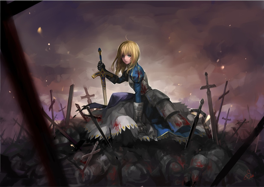 ahoge armor armored_dress artoria_pendragon_(all) ask_(askzy) battlefield blonde_hair blood caliburn corpse dress fate/stay_night fate_(series) faulds gauntlets green_eyes hair_down long_hair planted_sword planted_weapon reference_work saber solo sword weapon