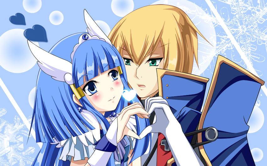 1girl angel_wings aoki_reika aqua_eyes bad_id bad_pixiv_id blazblue blonde_hair blue blue_background blue_eyes blue_hair blush cape couple crossover cure_beauty eien_no_kurayami eye_contact gem gloves hair_tubes head_wings heart heart_hands heart_hands_duo hetero ice_crystal japanese_clothes jewelry jin_kisaragi long_hair looking_at_another military military_uniform power_connection precure ribbon smile_precure! tiara uniform wings