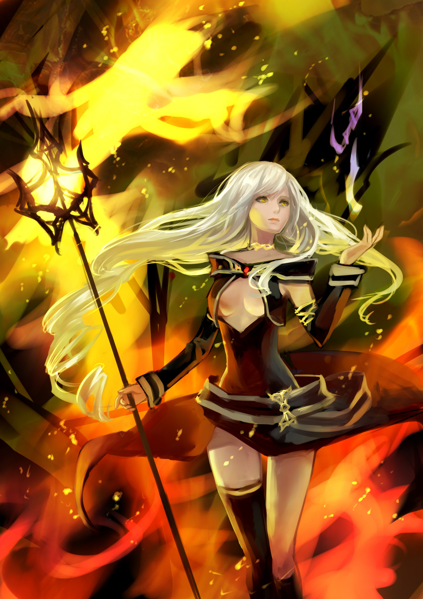 absurdres ask_(askzy) asymmetrical_legwear bad_id bad_pixiv_id breasts cleavage cleavage_cutout detached_sleeves fire highres long_hair medium_breasts pixiv_fantasia pixiv_fantasia_wizard_and_knight silver_hair staff white_hair yellow_eyes