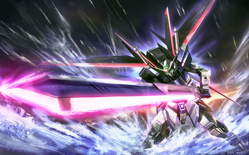 glowing glowing_eyes gundam gundam_seed gundam_seed_destiny impulse_gundam mecha no_humans solo sunrise_stance sword water weapon zhenlin