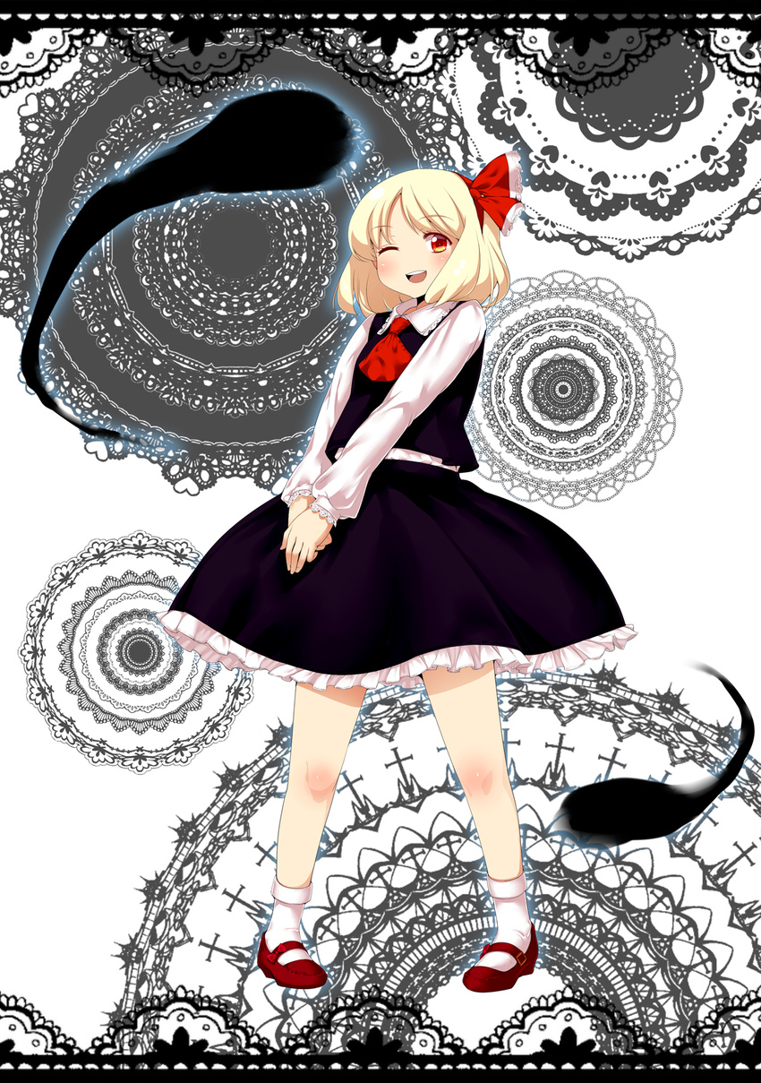 abstract_background bad_id bad_pixiv_id blonde_hair darkness hair_ribbon highres lace_border mary_janes one_eye_closed orange_eyes playn ribbon rumia shoes skirt smile solo touhou v_arms