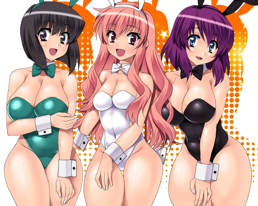 animal_ears bad_id bad_pixiv_id bare_legs bare_shoulders black_hair blue_eyes bow bowtie breasts bunny_girl bunnysuit cleavage cuffs detached_collar henrietta_de_tristain hips huge_breasts long_hair louise_francoise_le_blanc_de_la_valliere multiple_girls open_mouth pink_eyes pink_hair purple_hair sen_(sansui) short_hair siesta thick_thighs thighs wide_hips wrist_cuffs zero_no_tsukaima