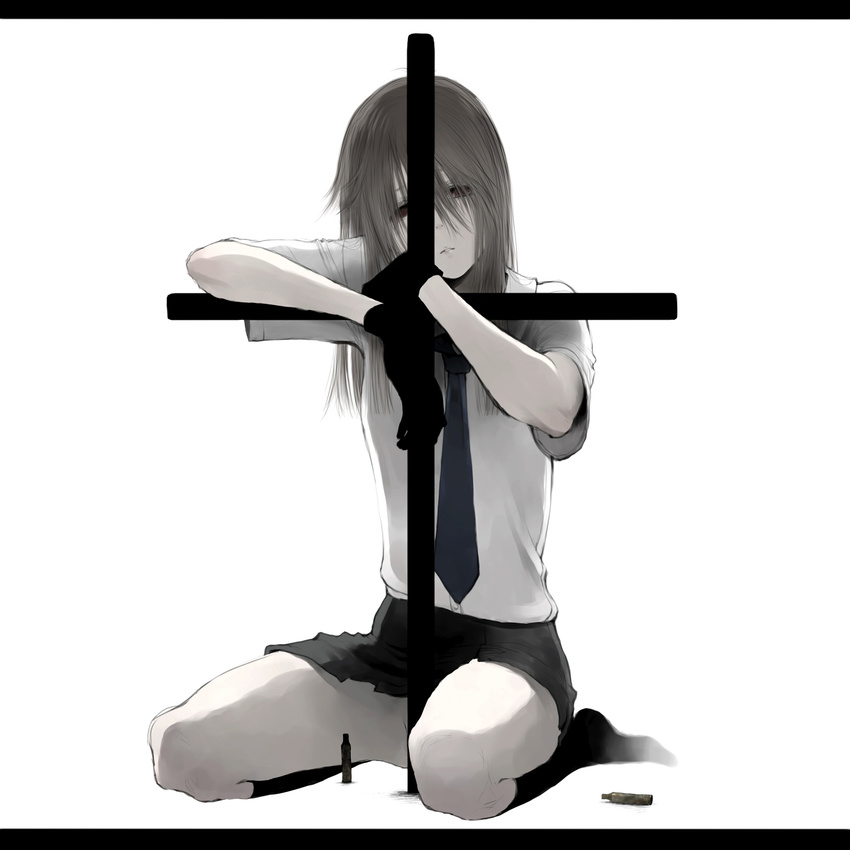 bad_id bad_pixiv_id censored chinatsu_(jormungand) convenient_censoring cross gloves greyscale highres jormungand kneehighs letterboxed long_hair looking_at_viewer monochrome nagumo_kuu necktie no_shoes parted_lips shell_casing sitting skirt solo
