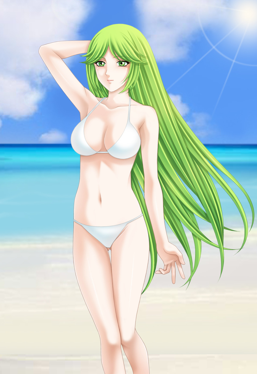 adjusting_hair arm_behind_head bad_id bad_pixiv_id beach bikini breasts cleavage cloud day green_eyes green_hair highres kid_icarus kid_icarus_uprising large_breasts legs lens_flare long_hair long_legs navel ocean outdoors palutena sand shiny shiny_skin sky swimsuit tamamon thigh_gap thighs water white_bikini