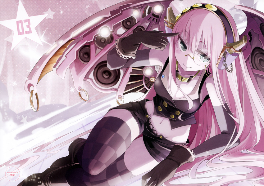 absurdres aqua_eyes bare_shoulders black_legwear boots breasts checkered checkered_legwear cleavage elbow_gloves gloves hairband headphones highres long_hair lying mechanical_wings medium_breasts megurine_luka midriff monocle navel on_side pink_hair shorts smile solo tansuke thighhighs vest vocaloid wings