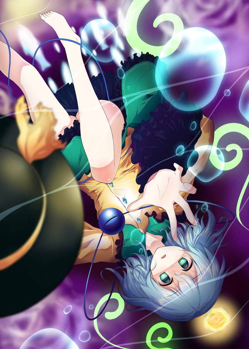 barefoot bubble chipa_(arutana) green_eyes hands hat hat_removed headwear_removed highres komeiji_koishi no_panties outstretched_arm shaded_face short_hair skirt solo tears third_eye touhou upside-down white_hair