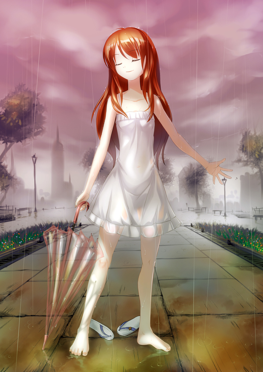 absurdres ahoge barefoot closed_eyes closed_umbrella cloud cloudy_sky crazypen feet fog grass highres holding lamppost long_hair orange_hair original outdoors rain red_hair see-through shoes_removed skirt sky slippers smile solo standing transparent transparent_umbrella tree umbrella wet wet_clothes white_skirt