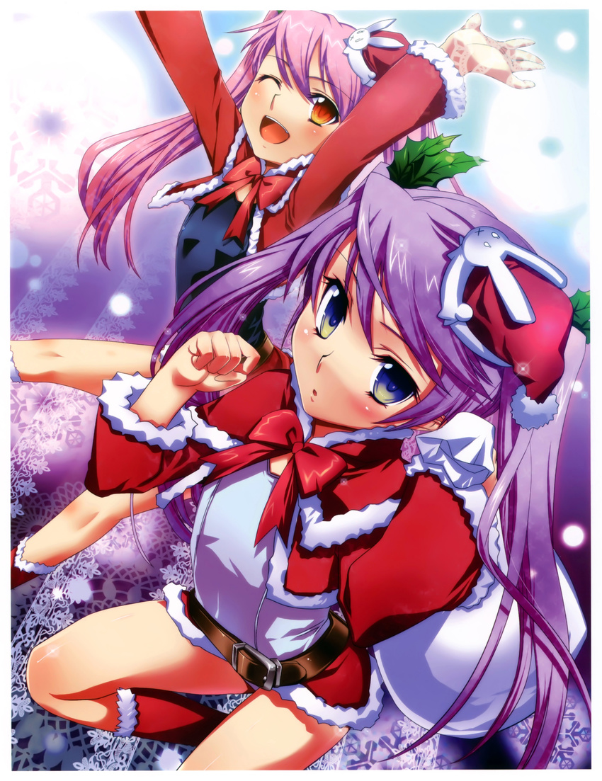 ;d absurdres arms_up belt blue_eyes boots bow christmas copyright_request flat_chest hat highres jacket koume_keito long_hair miniskirt multiple_girls one-piece_swimsuit one_eye_closed open_mouth pink_hair purple_hair red_eyes sack santa_hat school_swimsuit skirt smile snow swimsuit twintails white_school_swimsuit white_swimsuit