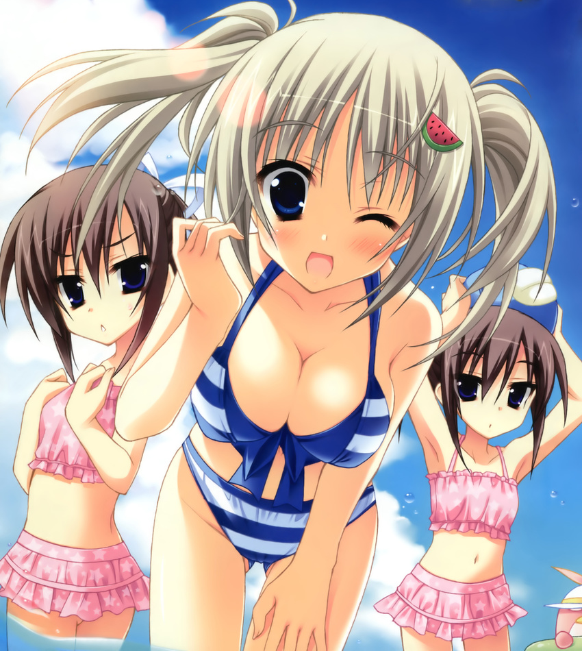 ;d absurdres armpits bent_over bikini bikini_skirt blue_eyes blush breast_envy breasts brown_hair cleavage cloud day flat_chest frills grey_hair highres large_breasts lens_flare moribe_(rabumanyo) multiple_girls navel one_eye_closed open_mouth ore_to_ichino_no_game_doukoukai_katsudou_nisshi sawamura_kirika shirosaki_ririsu siblings sky smile striped striped_bikini striped_swimsuit swimsuit thigh_gap twins