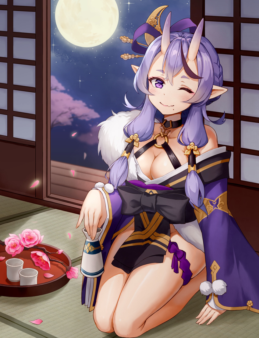 1girl ;) absurdres bare_shoulders blue_hair blush breasts cherry_blossoms cleavage closed_mouth crescent crescent_hair_ornament cup fang_out full_body full_moon fur hair_between_eyes hair_ornament hair_stick hair_tubes highres hongye_feixue horns indoors japanese_clothes kimono long_hair long_sleeves looking_at_viewer medium_breasts mole mole_under_mouth moon night nijisanji no_panties o-ring o-ring_top obi off_shoulder one_eye_closed oni oni_horns pointy_ears pom_pom_(clothes) purple_eyes purple_kimono rindou_mikoto sash seiza short_eyebrows sitting sleeves_past_wrists sliding_doors smile solo tokkuri tray virtual_youtuber wide_sleeves