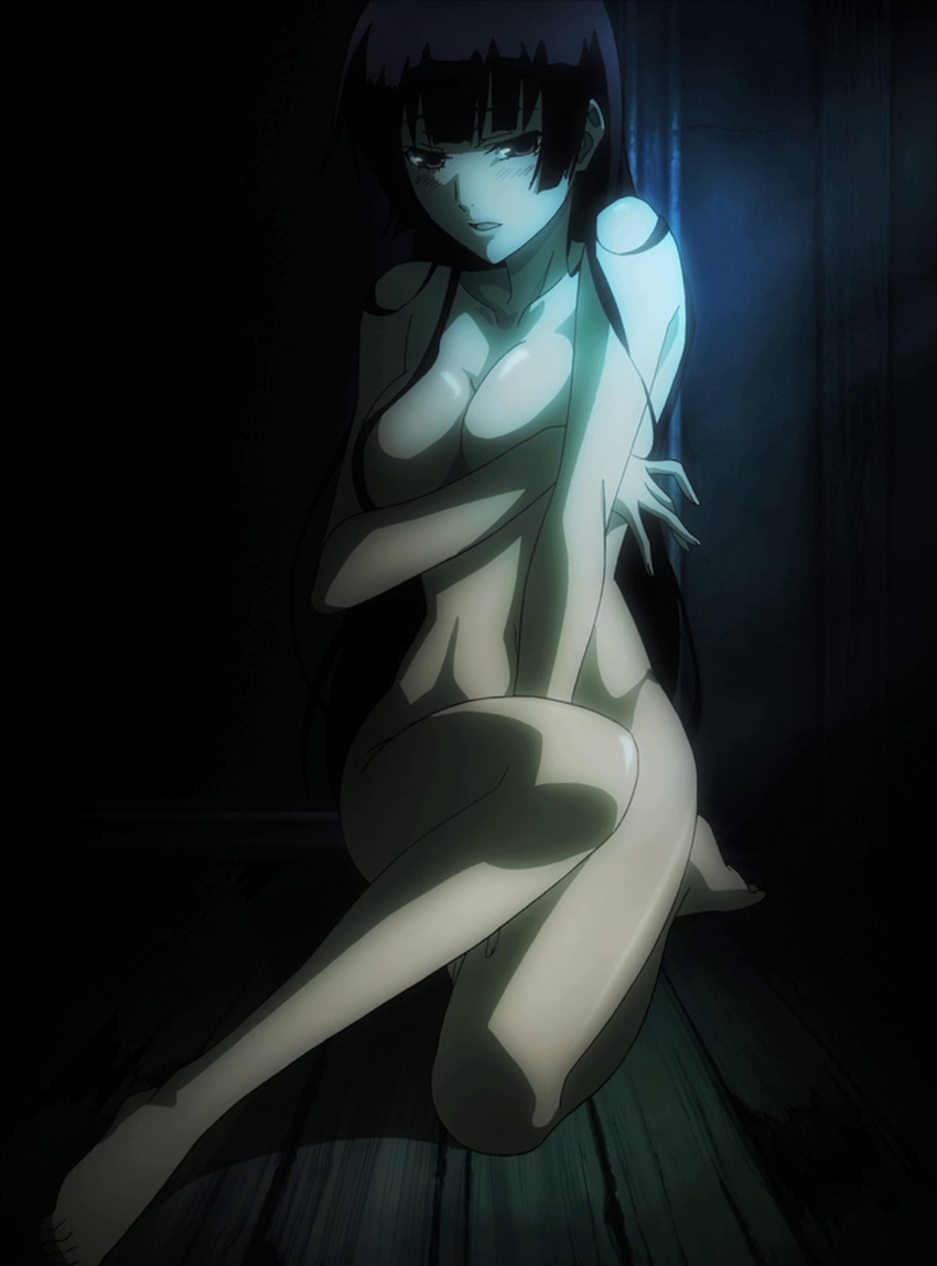 barefoot blush breast_hold breasts collarbone covering highres kanoe_yuuko large_breasts long_hair nude open_mouth screencap solo stitched tasogare_otome_x_amnesia third-party_edit wooden_floor