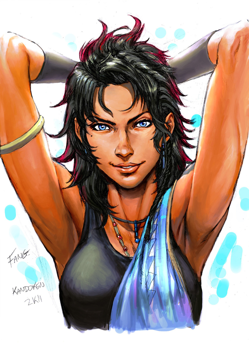 armlet armpits arms_behind_head bad_deviantart_id bad_id black_hair blue_eyes dark_skin final_fantasy final_fantasy_xiii highres lips long_hair mole oerba_yun_fang smile solo steven_mack