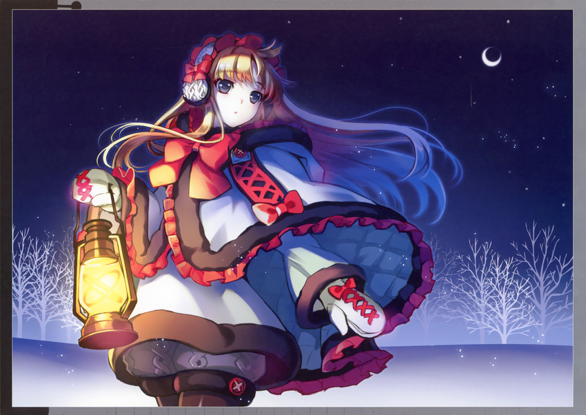 :o absurdres bow brown_hair crescent_moon earmuffs grey_eyes highres lantern long_hair mittens moon night night_sky original riv sky solo star_(sky) starry_sky tree