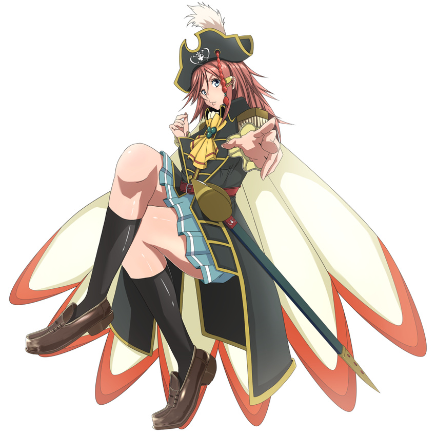 bad_id bad_pixiv_id belt blue_eyes cape cravat crossed_legs epaulettes hair_ornament hairclip hat hat_feather katou_marika loafers long_hair looking_at_viewer miniskirt_pirates outstretched_hand pink_hair pirate pirate_hat pleated_skirt rapier saber_(weapon) shoes sitting skirt skull_and_crossbones smile solo sword weapon yottsuu