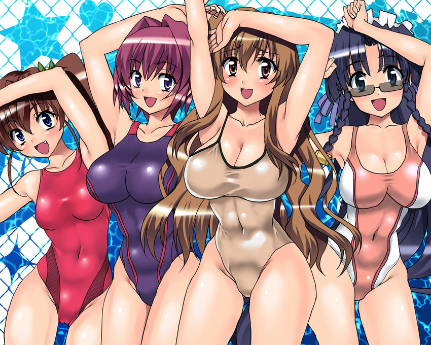 amamiya_shiina arms_up bad_id bad_pixiv_id black_eyes black_hair blue_eyes braid brown_eyes brown_hair competition_swimsuit long_hair maid_headdress multiple_girls nanashiro_nanami nogizaka_haruka nogizaka_haruka_no_himitsu nogizaka_mika one-piece_swimsuit purple_hair sen_(sansui) sunglasses swimsuit twin_braids twintails