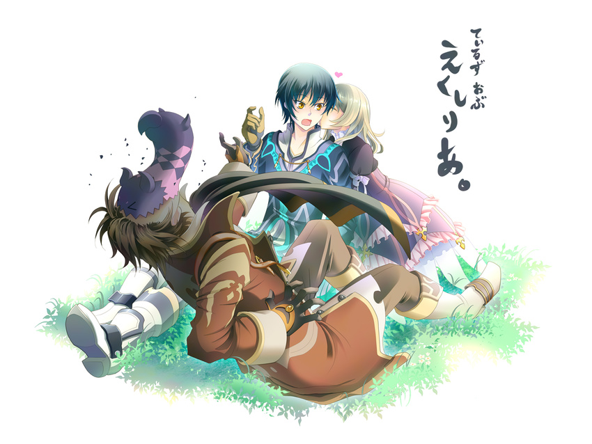 2boys alvin_(tales) animal_on_face black_hair blonde_hair blush boots brown_eyes brown_hair cheek_kiss closed_eyes coat cravat creature elize_lutus gloves green_hair heart jude_mathis kiss knee_boots multiple_boys nonoi pants short_hair sitting tales_of_(series) tales_of_xillia teepo_(tales) wavy_mouth yellow_eyes