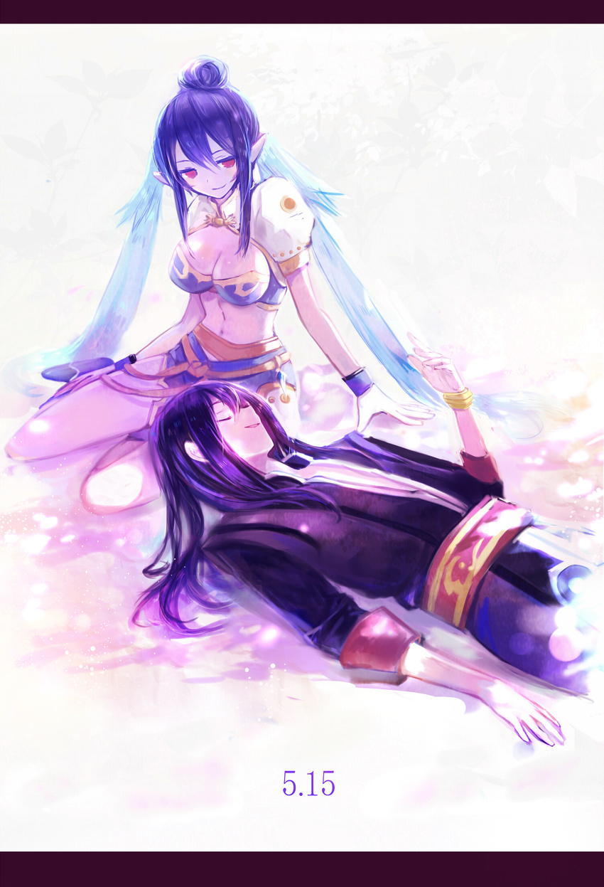 1girl alt_(apou) bad_id bad_pixiv_id black_hair blue_hair breasts closed_eyes coat couple gloves hair_bun hetero highres judith kneeling letterboxed long_hair medium_breasts pointy_ears red_eyes smile tales_of_(series) tales_of_vesperia twintails white_background yuri_lowell