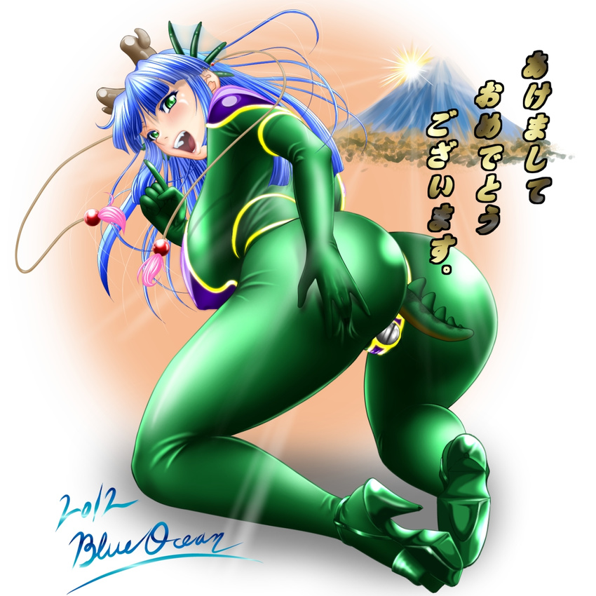 2012 ass blue_hair blueocean_hanoi bodysuit breasts chastity_belt covered_nipples dragon_girl dragon_horns dragon_tail fang from_behind green_eyes hand_on_ass happy_new_year high_heels highres horns huge_breasts kneeling long_hair looking_back monster_girl new_year open_mouth original shoes skin_tight solo tail translated volcano