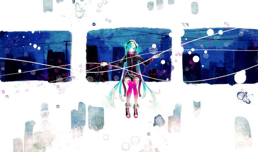 absurdres blue_eyes boots hair_over_one_eye hatsune_miku headphones highres long_hair shorts sitting solo thighhighs traditional_media twintails very_long_hair vient vocaloid window