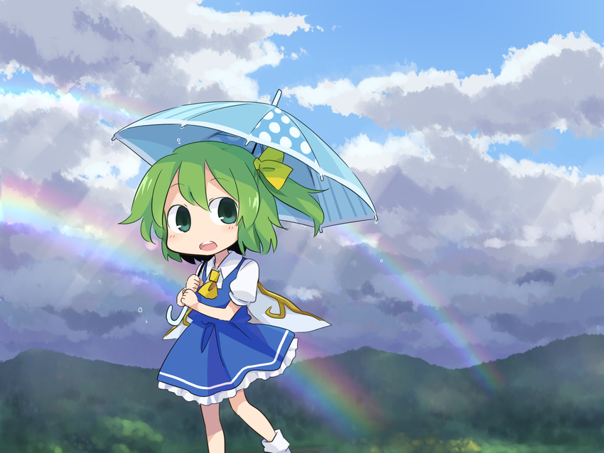 ascot blue_dress cloud cloudy_sky daiyousei day dress green_eyes green_hair hair_ribbon highres mountain open_mouth rainbow ribbon side_ponytail sky solo touhou umbrella wings yamabuki_(yusuraume)