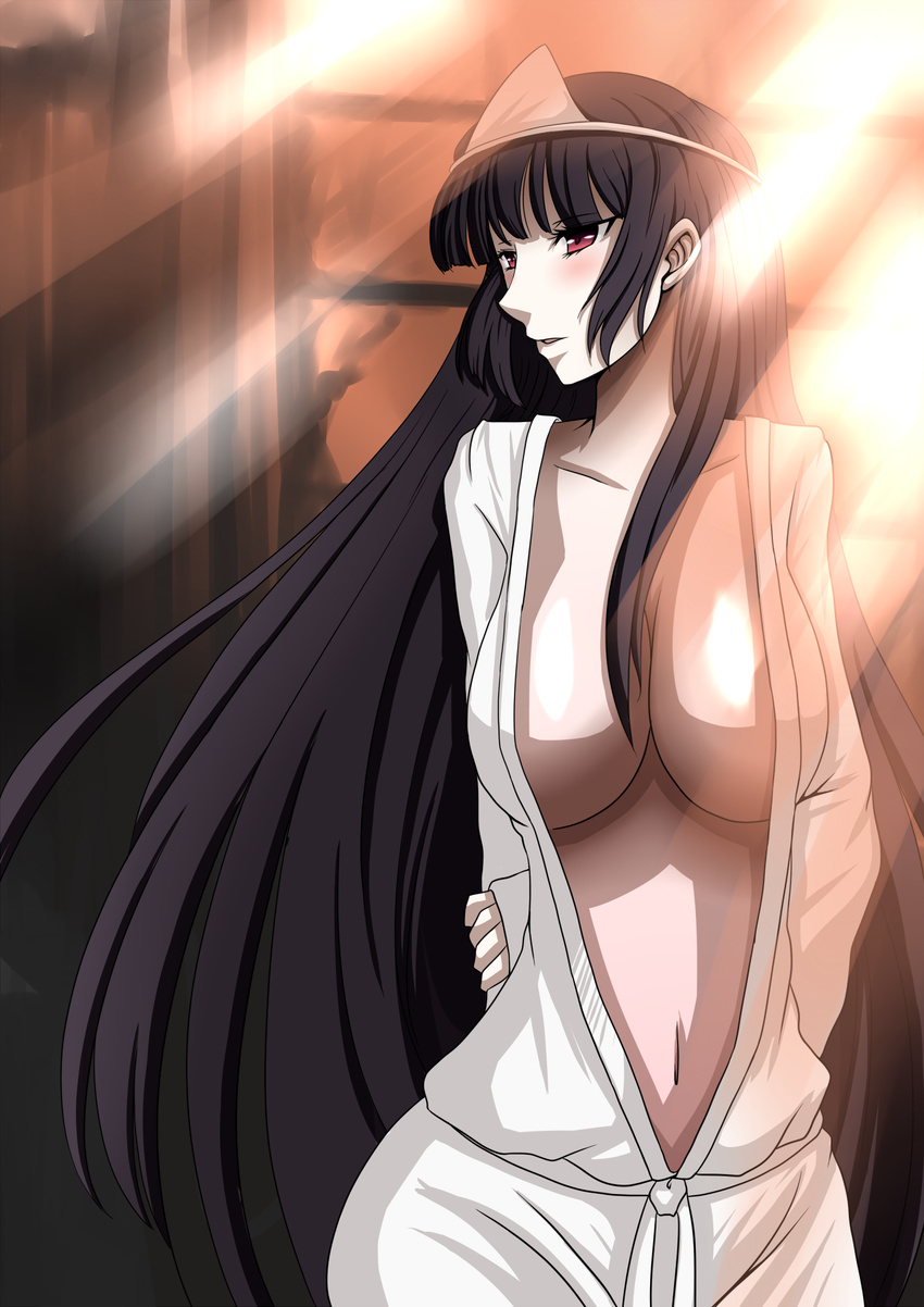 blush breasts ghost highres japanese_clothes kanoe_yuuko kimono large_breasts long_hair navel nekota_susumu no_bra red_eyes robe shiroshouzoku solo tasogare_otome_x_amnesia triangular_headpiece very_long_hair white_robe