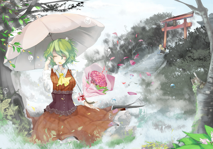 alice_margatroid ascot bad_id bad_pixiv_id bouquet bubble closed_eyes corset emerane flower green_hair kazami_yuuka kirisame_marisa mouth_hold multiple_girls parasol petals plaid short_hair stairs torii touhou tree umbrella