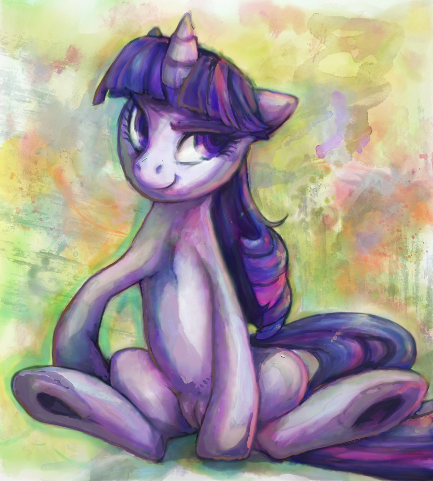 digital_painting_(art) equine female feral friendship_is_magic front_view full-length_portrait hair hooves horn mammal mixed_media my_little_pony nude purple_hair purple_labia purple_skin pussy quadruped sitting solo spread_legs spreading teats traditional_media twilight_sparkle_(mlp) unicorn watercolor_(art)