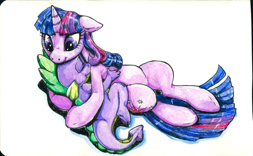 cutie_mark dragon duo equine female feral friendship_is_magic horn hug male mammal my_little_pony painting scalie spike spike_(mlp) traditional_media twilight_sparkle_(mlp) unicorn watercolor watercolour