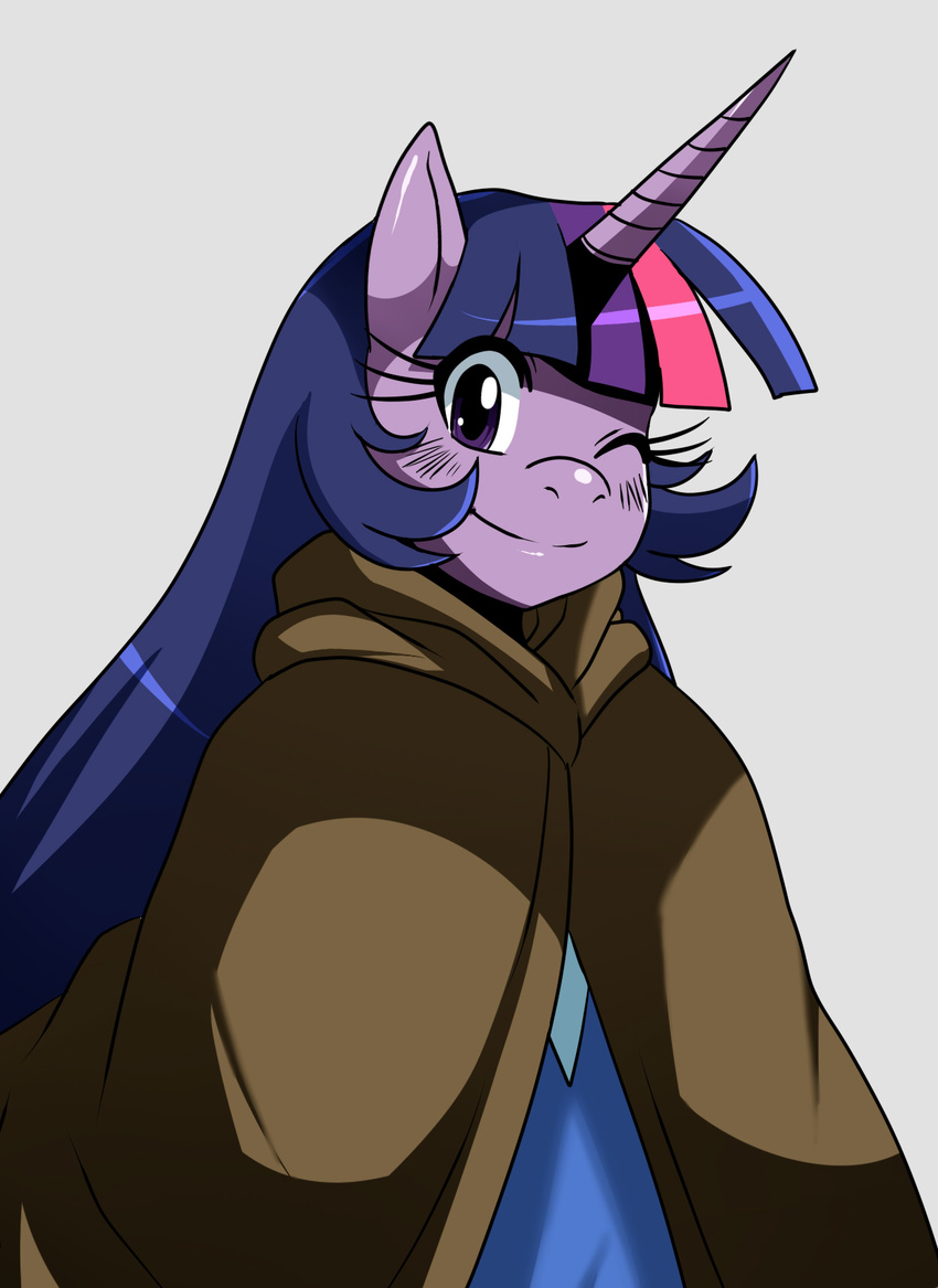 anthro anthrofied clothing equine female friendship_is_magic grey_background hair horn horse looking_at_viewer mammal multi-colored_hair my_little_pony o_^ one_eye_closed pink_streak plain_background pony purple_eyes purple_hair purple_horn smile solo sssonic2 twilight_sparkle_(mlp) unicorn wink