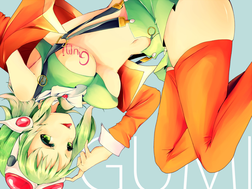 :p bad_id bad_pixiv_id breasts goggles goggles_on_head green_eyes green_hair gumi headphones medium_breasts megpoid_(vocaloid3) midriff navel ritsu_(utaelhn) short_hair shorts smile solo suspenders thighhighs tongue tongue_out underboob vocaloid