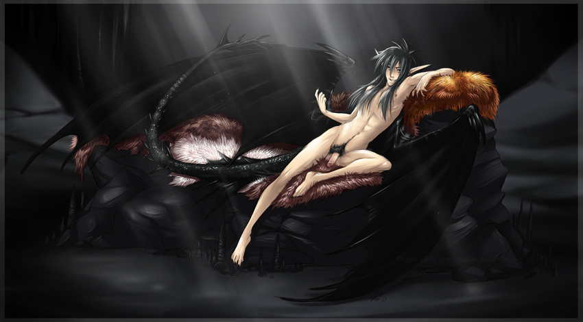 balls beckoning black_hair claws dagger_leonelli dragon fur gesture hair human hybrid inviting long_hair looking_at_viewer male mammal nipples nude penis pubes pubic_hair reclining scalie seductive smile solo wings