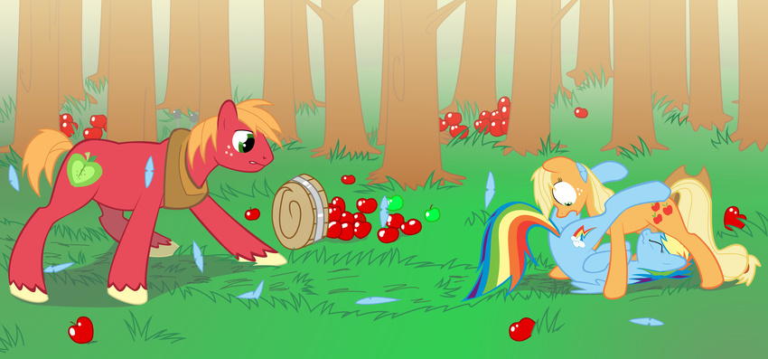 apple applejack_(mlp) basket big_macintosh_(mlp) brother_and_sister compromising_position cutie_mark equine feather female feral forest friendship_is_magic fruit group hi_res horse male mammal my_little_pony pegasus pony rainbow_dash_(mlp) sibling sotoco tree wings wood