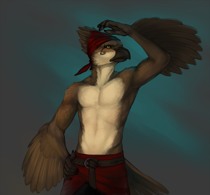 abs anthro avian bandanna beak belt biceps bird brown_body brown_feathers claws clothing eelyak facial_markings feathers flexing flightless_bird hawk male markings muscles pants pecs plain_background pose red solo standing tattoo toned topless wings yellow_eyes